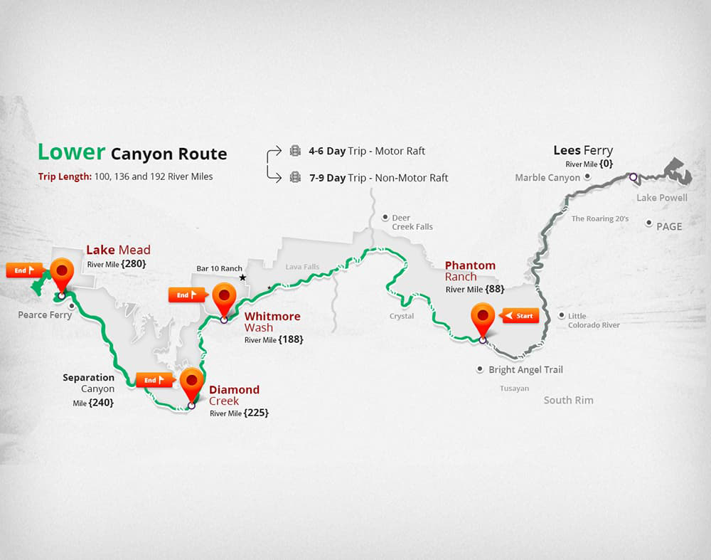 This is a map of the Lower Grand Canyon route, 191 river miles of the Colorado river in Grand Canyon