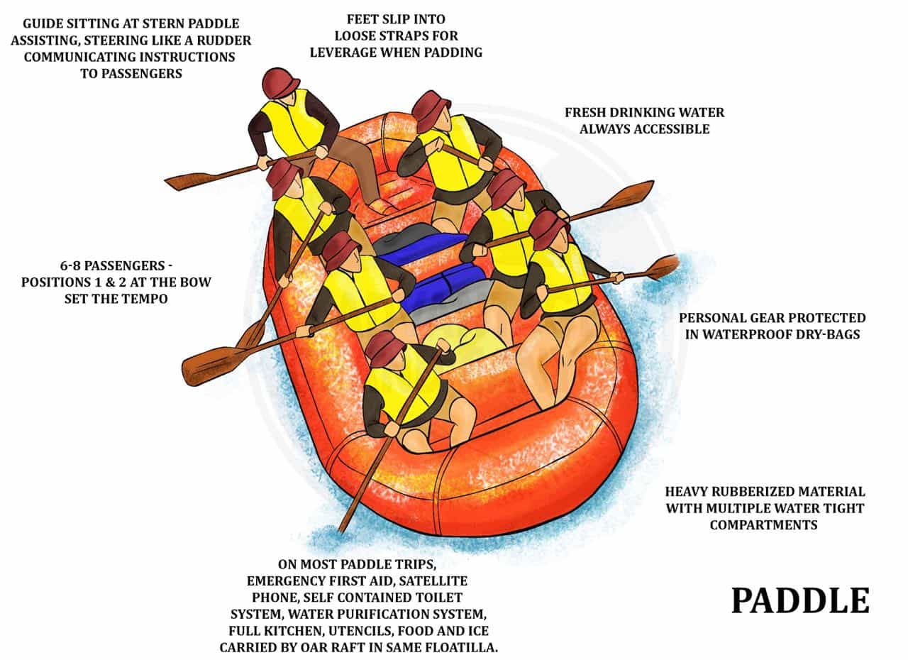 Paddle rafts consist of 6-8 passengers and a guide. These rafts are powered by passengers. 