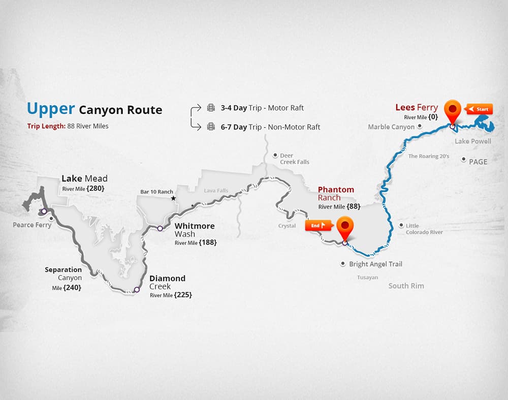 This map shows the upper Grand Canyon route, 88 river miles and ends with a hike up the Bright Angel Trail